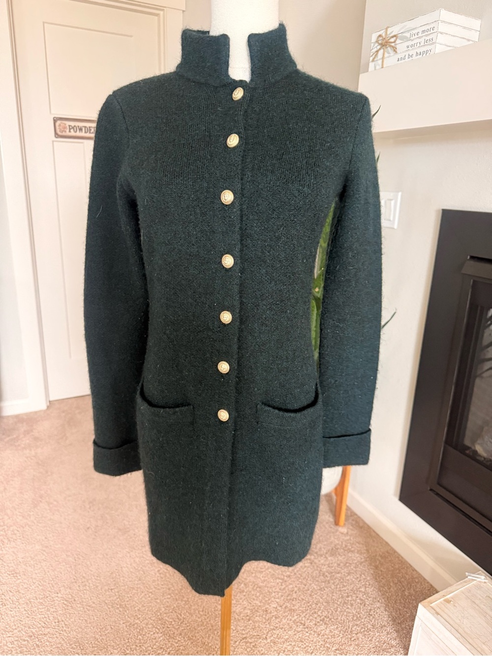 Adrienne Vittadini Wool-Blend Dark Green Button-Front Coat